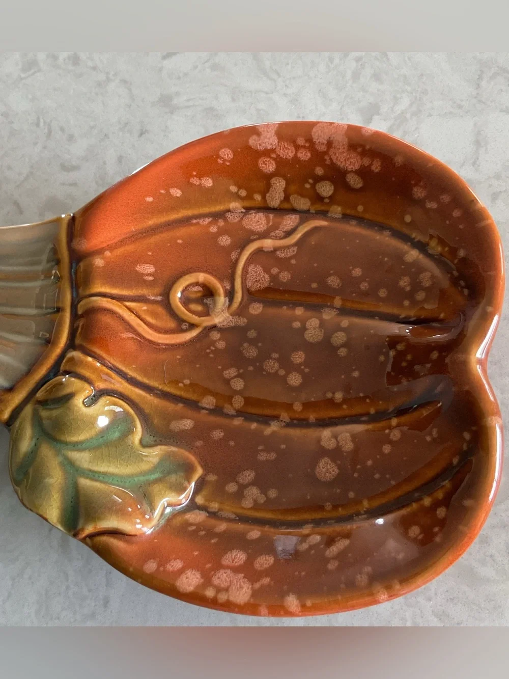 Ceramic Pumpkin Shaped Soon Rest in Rustic Orange & Green 11” Long